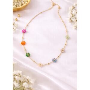 Stainless Steel Gold Colorful Flower Accent Necklace New